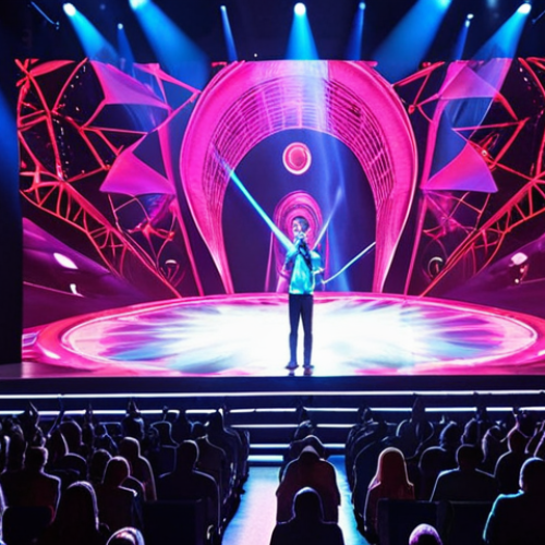 **

A vibrant hologram concert scene. Focus on stage design and atmosphere. Include bright, colorful lighting effects, a realistic-looking hologram performer, and a large audience enjoying the show. The venue should look modern and high-tech. Consider incorporating elements of Turkish concert venues for a localized feel. The feeling should be exciting and energetic.

**