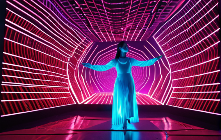 **Image Prompt 1:** A breathtaking, interactive holographic concert. A luminous, dynamic virtual artist performs on a futuristic stage, their movements subtly altered by light emanations and digital feedback flowing from an engaged, diverse audience. The atmosphere is vibrant with personalized visual effects reacting to real-time audience input, showcasing AI-driven emotional responses and collaborative participation. Volumetric lighting, neon glows, hyperrealistic, octane render.