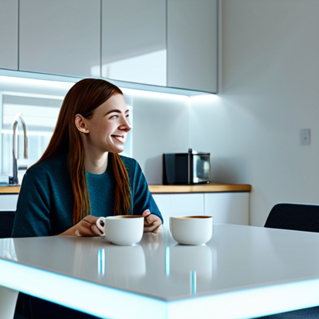 A professional young woman, fully clothed in comfortable, modest attire, sitting at a minimalist modern kitchen table, holding a coffee cup. Across from her, a realistic, illuminated holographic projection of a male friend appears, engaged in a cheerful conversation. The background is a bright, clean, contemporary living space with large windows. The scene is well-lit, with a soft, natural light, emphasizing a warm and futuristic atmosphere. Safe for work, appropriate content, fully clothed, family-friendly, perfect anatomy, correct proportions, natural pose, well-formed hands, proper finger count, natural body proportions, professional photography, ultra high quality, volumetric lighting.