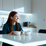 A professional young woman, fully clothed in comfortable, modest attire, sitting at a minimalist modern kitchen table, holding a coffee cup. Across from her, a realistic, illuminated holographic projection of a male friend appears, engaged in a cheerful conversation. The background is a bright, clean, contemporary living space with large windows. The scene is well-lit, with a soft, natural light, emphasizing a warm and futuristic atmosphere. Safe for work, appropriate content, fully clothed, family-friendly, perfect anatomy, correct proportions, natural pose, well-formed hands, proper finger count, natural body proportions, professional photography, ultra high quality, volumetric lighting.