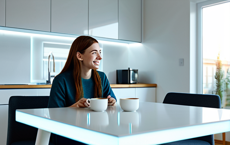 A professional young woman, fully clothed in comfortable, modest attire, sitting at a minimalist modern kitchen table, holding a coffee cup. Across from her, a realistic, illuminated holographic projection of a male friend appears, engaged in a cheerful conversation. The background is a bright, clean, contemporary living space with large windows. The scene is well-lit, with a soft, natural light, emphasizing a warm and futuristic atmosphere. Safe for work, appropriate content, fully clothed, family-friendly, perfect anatomy, correct proportions, natural pose, well-formed hands, proper finger count, natural body proportions, professional photography, ultra high quality, volumetric lighting.
